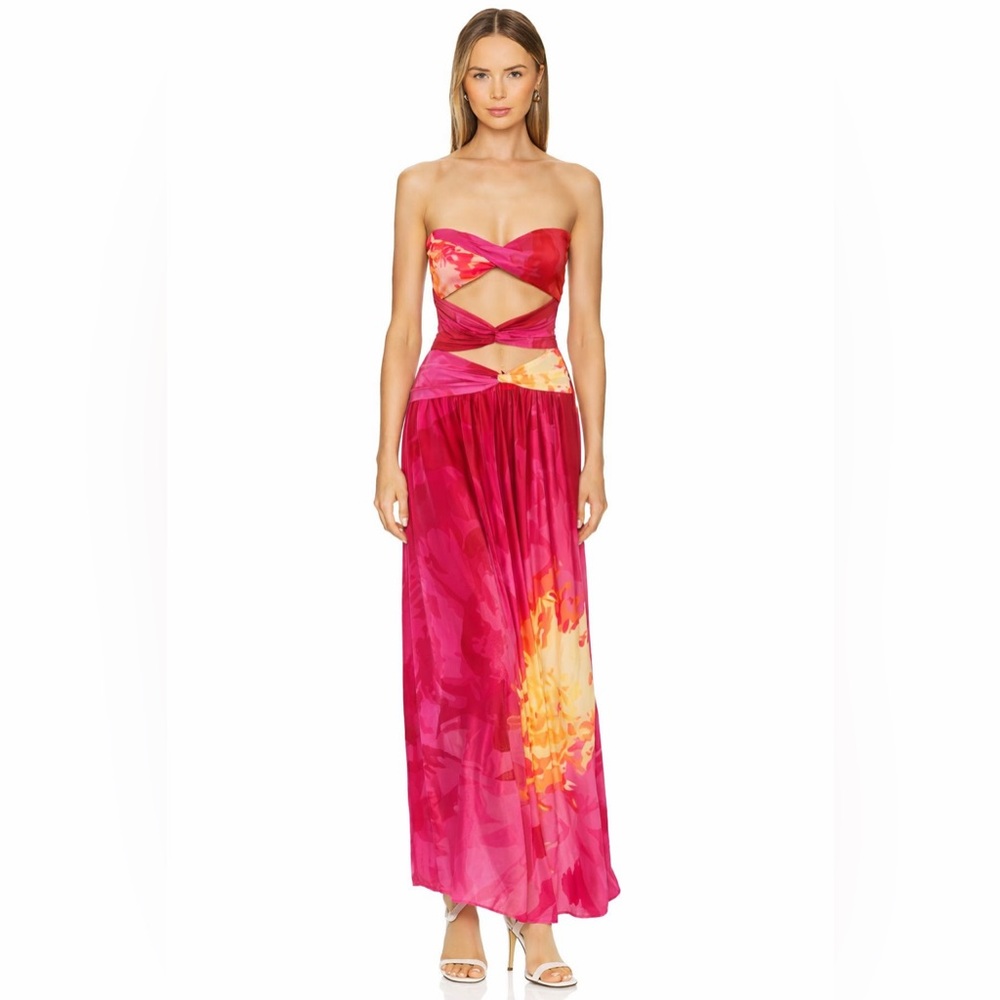 Strapless Pink and Yellow Cutout Maxi Dress